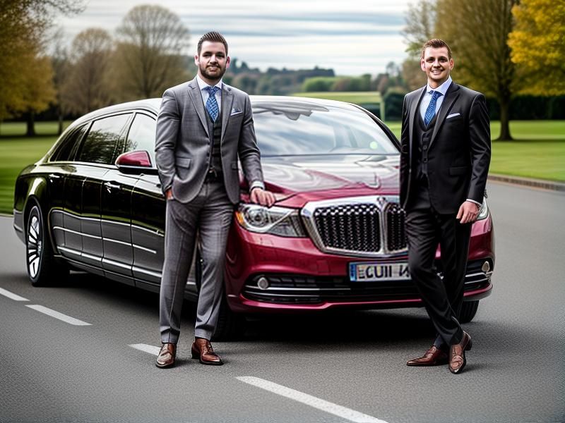 Two chauffeurs in front of limousine outside Norfolk area